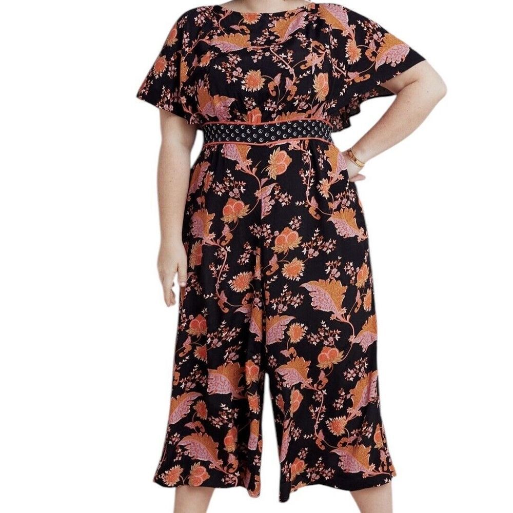 Anthropologie Maeve Belted‎ Botanical Jumpsuit Women Size 26W Plus black floral